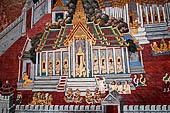 Detail of 'Ramakien' mural painting  - temple of the Emerald Buddha, Bangkok . Architectural elements in the panels are adapted from the real palaces and temples of the capital. 